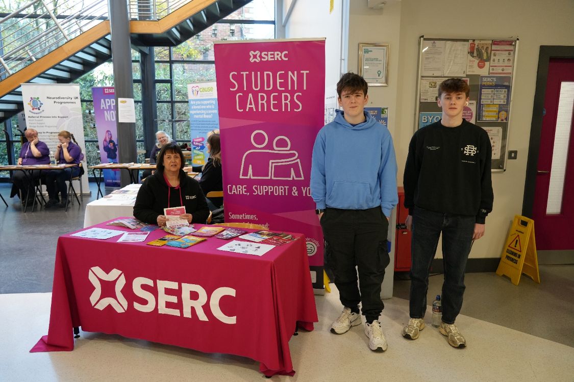 SERC Student Carer Co-ordinator Marie Jameson, Level 3 IT students Harry Brown and Conall Bachelor
